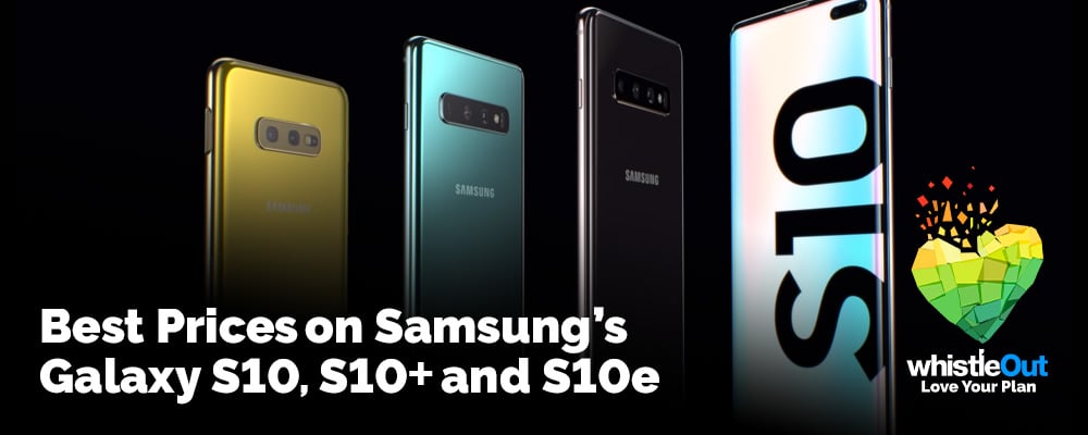 Text Best Prices on Samsung's Galaxy S10, S10+ and S10e over image of S10 smartphones