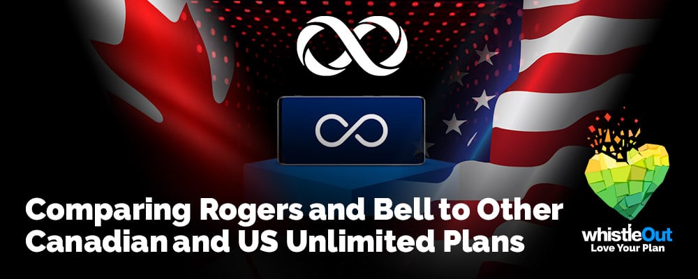 Text Comparing Rogers and Bell to Other Canadian and US Unlimited Plans over image of the Rogers and Bell infinity logos between Canadian and US flags