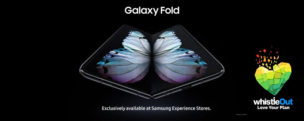 Text Galaxy Fold Exclusively available at Samsung Experience Stores over image of a Galaxy Edge foldable smartphone Text Galaxy Fold Exclusively available at Samsung Experience Stores over image of a Galaxy Edge foldable smartphone