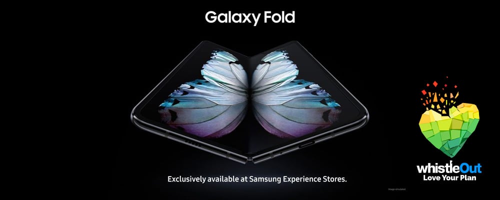 Text Galaxy Fold Exclusively available at Samsung Experience Stores over image of a Galaxy Edge foldable smartphone