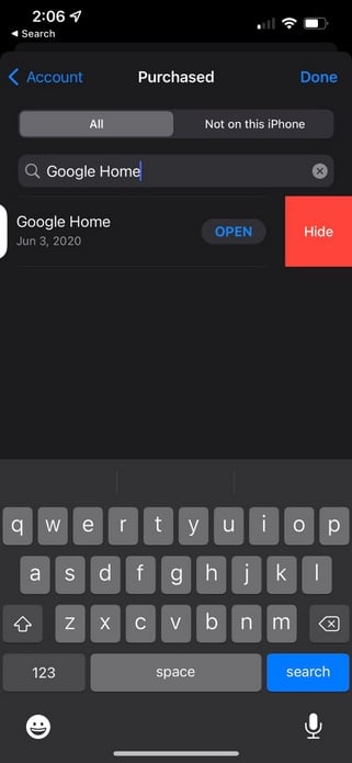 Swiping on an App to hide it in Apple App Store purchases
