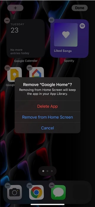 iPhone screen with Delete App and Remove from Home Screen options