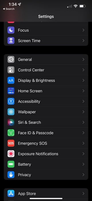 iPhone settings menu