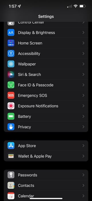 iPhone settings menu