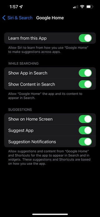 Siri & Search iPhone settings menu