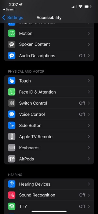 An iPhone's Accessibility menu