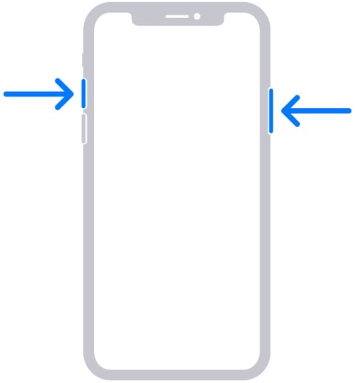 Image of an iPhone indicating the volume up and side buttons