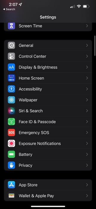 An iPhone's Settings menu