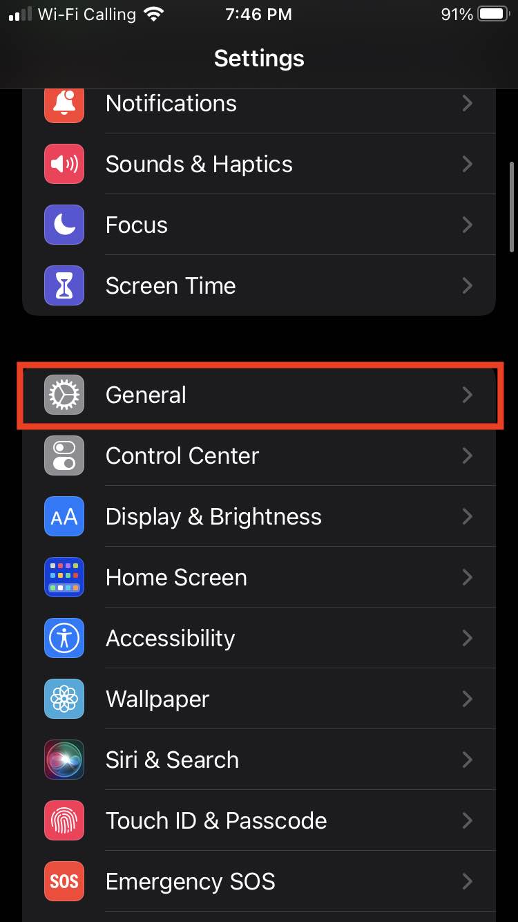 iPhone screen for settings