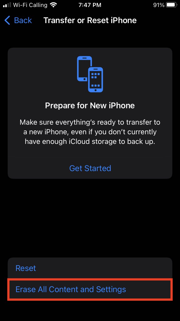 iPhone screen prompting to erase all content and settings