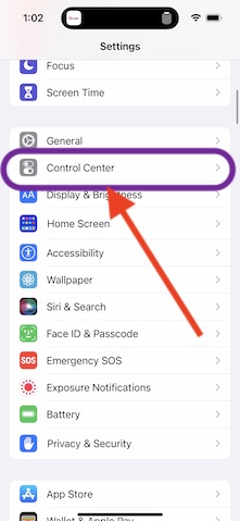 iPhone Settings menu with Control Center category