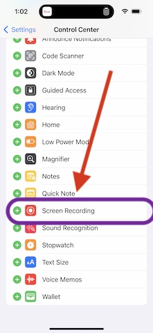 iPhone screen Recording settings app