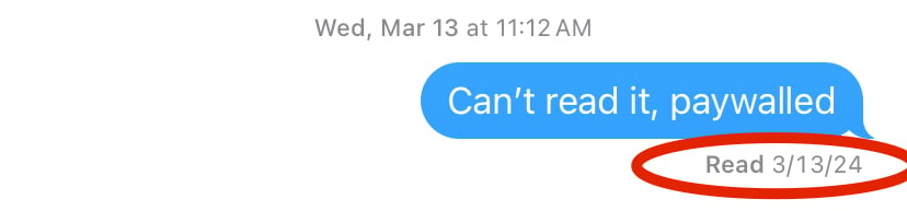 Screenshot of Read Receipt in iMessage conversation