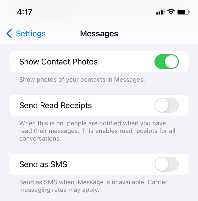 Screenshot of iPhone showing Read Receipts turned off