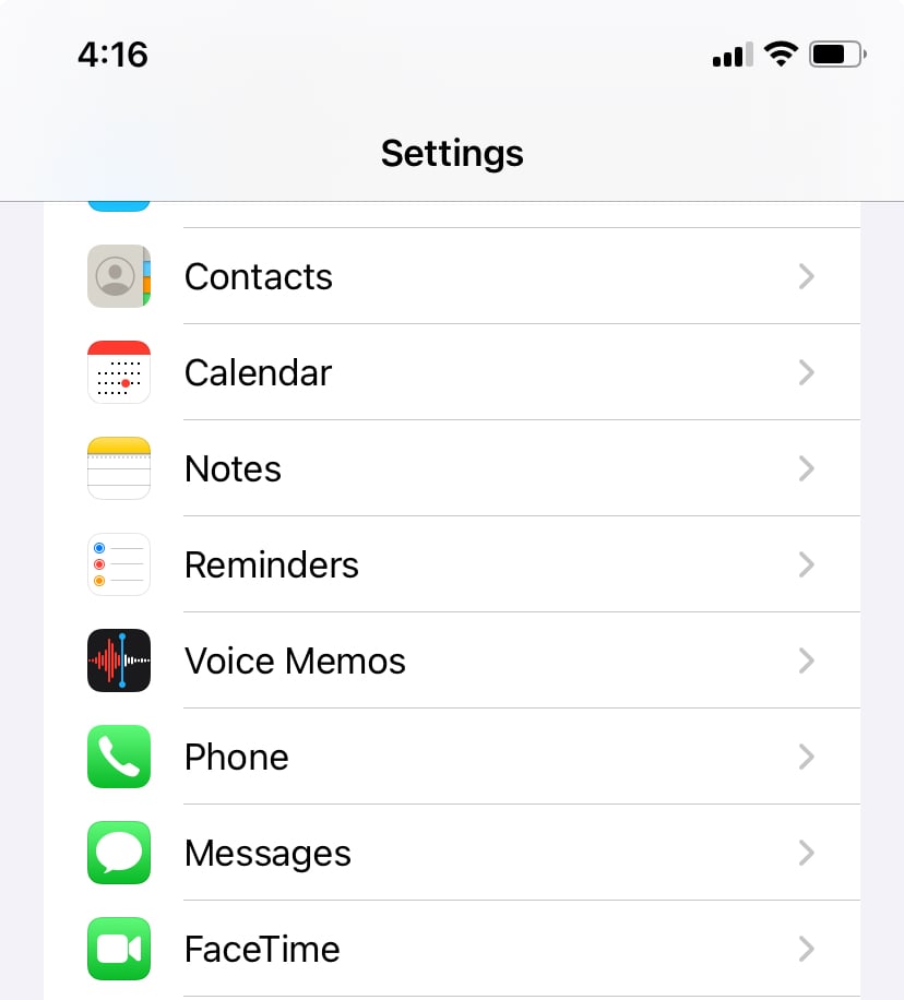 Screenshot of iPhone Settings menu