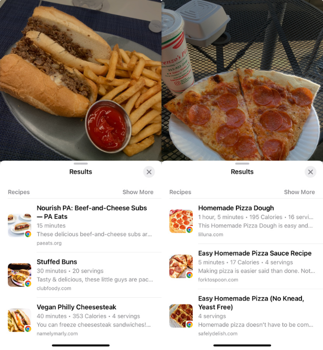 Screenshots of a slice of pizza and a cheesesteak with Visual Look Up enabled