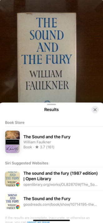 Screenshot of Visual Look Up for William Faulkner's The Sound and the Fury