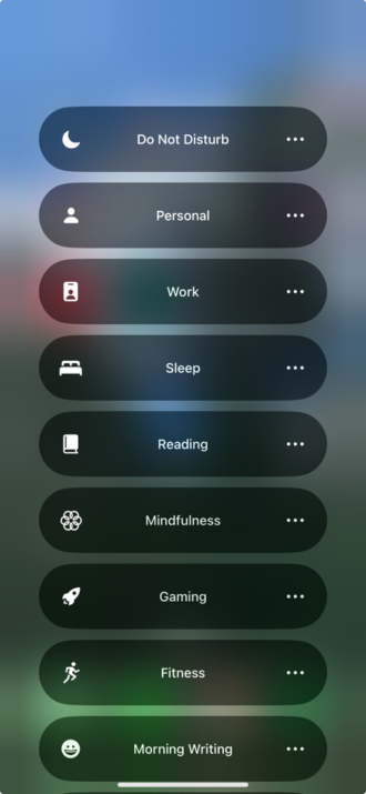 Screenshot of Focus Mode types on iPhone