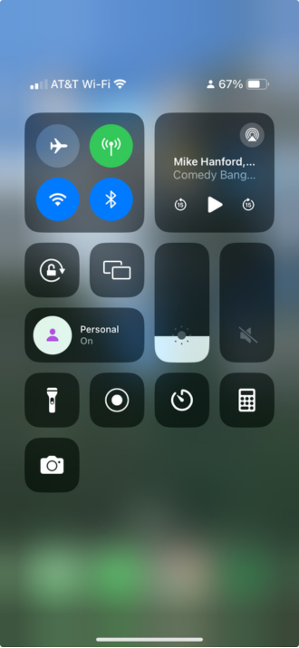 Screenshot of Control Center on iPhone with Focus mode turned on