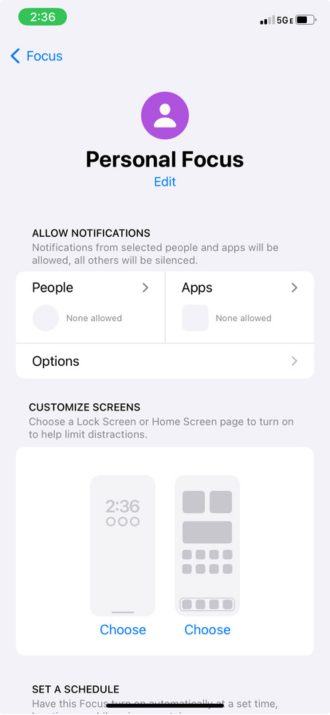 Screenshot of default settings for Personal Focus Mode on iPhone
