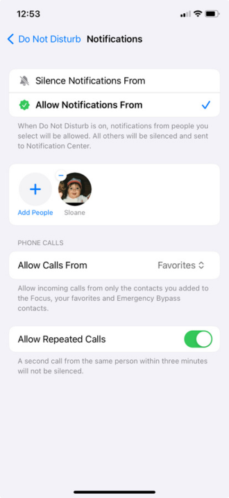 Screenshot of Focus Mode allowing notifications from a contact