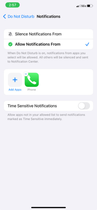 Screenshot of Focus Mode allowing notifications from Phone