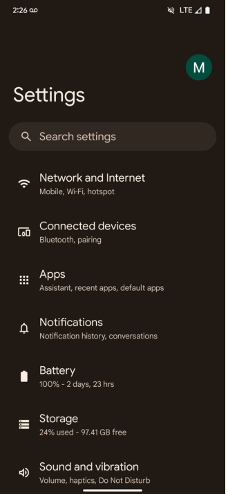 Settings page on Android