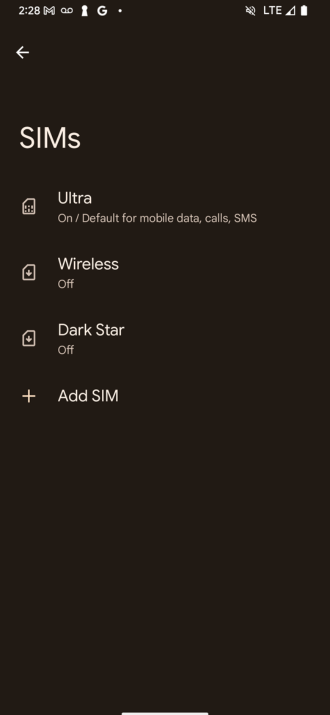 SIMs page on Android