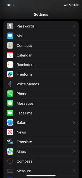 Settings page on iPhone