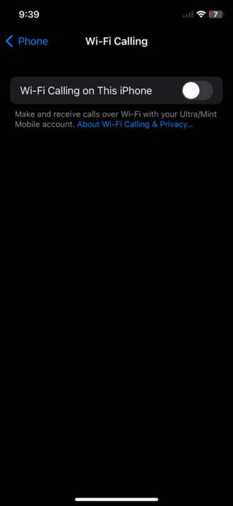 Wi-Fi calling turned off on iPhone