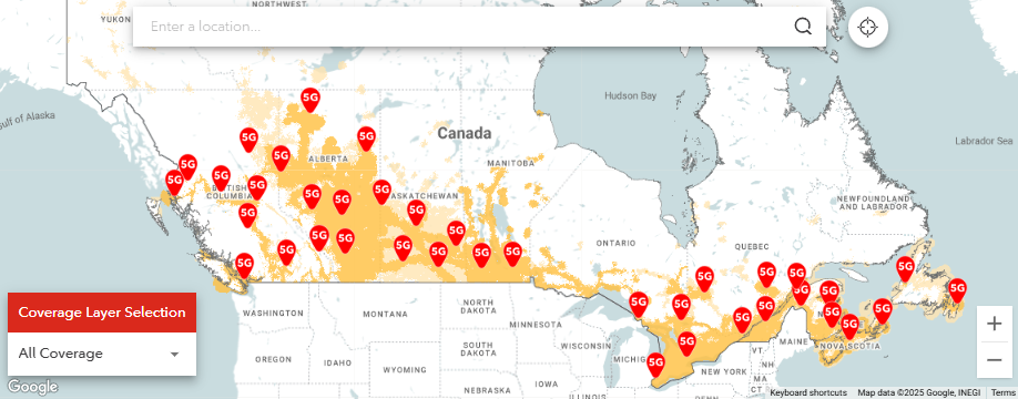 Rogers' 5G network coverage has hotspots from coast to coast. Rogers' 5G network coverage map from coast to coast.