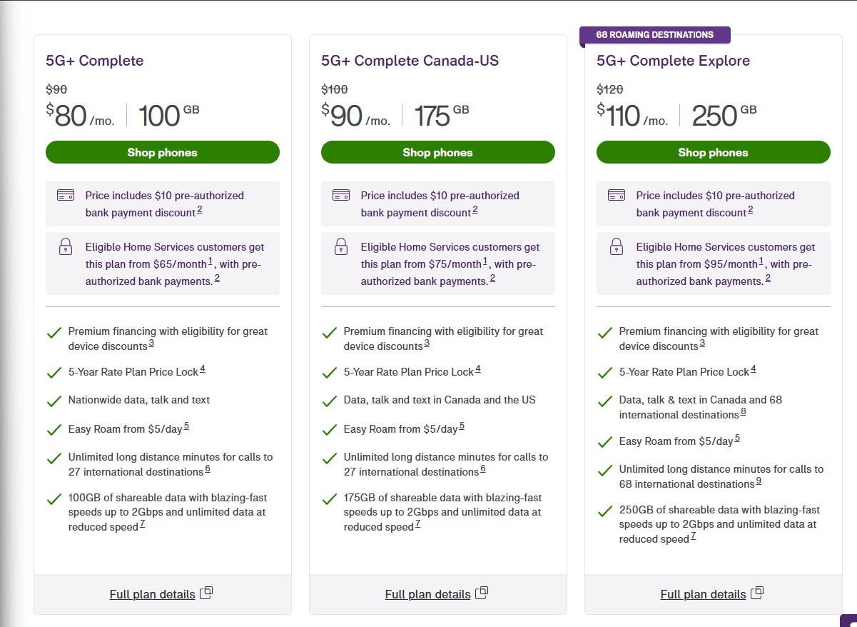Telus offers four major options to choose from, ranging in price and data allowance. Telus mobile plans.