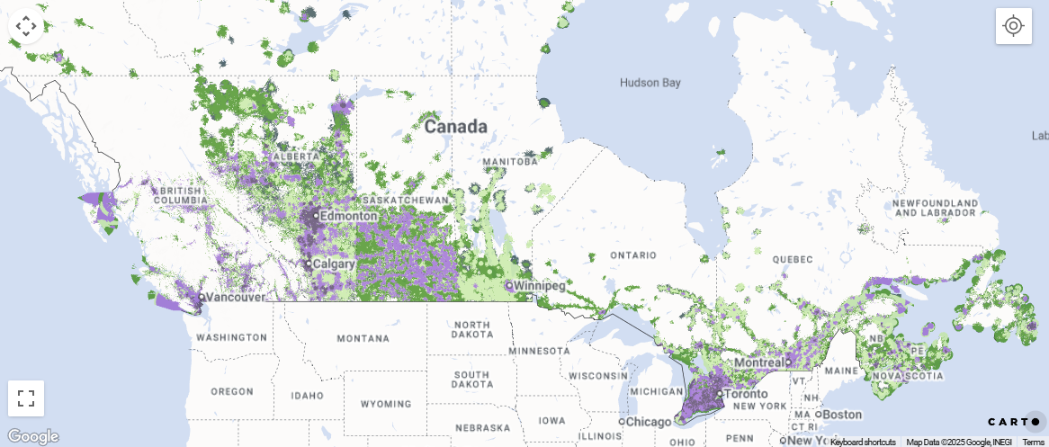 Telus' 5G network coverage map from coast to coast.