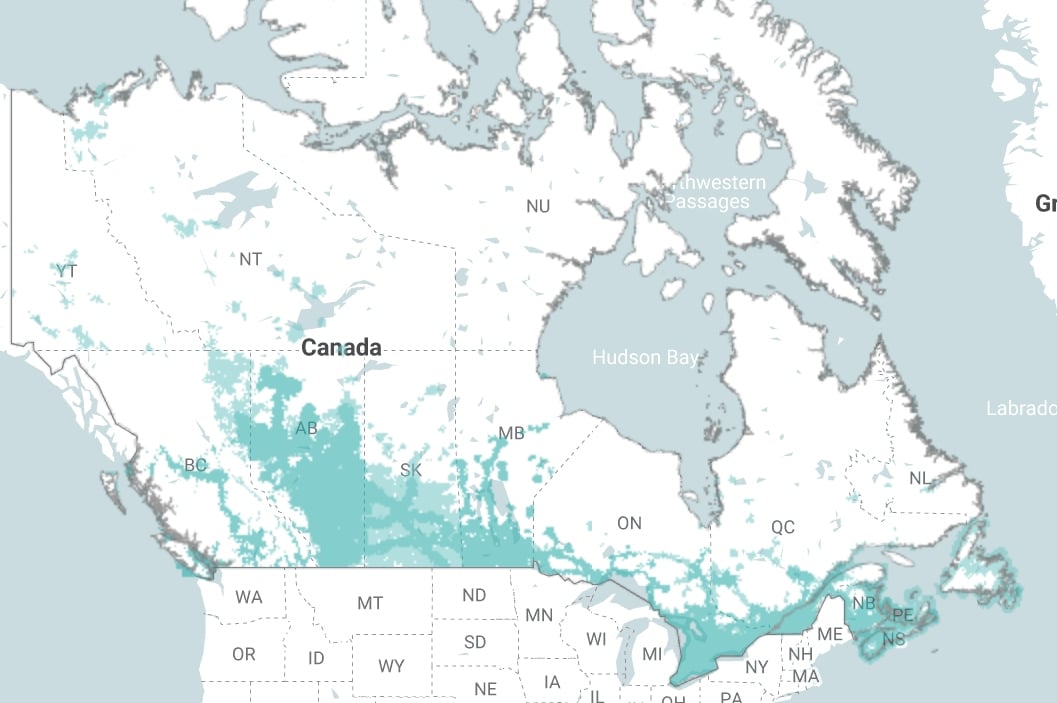 Fido's 4G network coverage map from coast to coast.