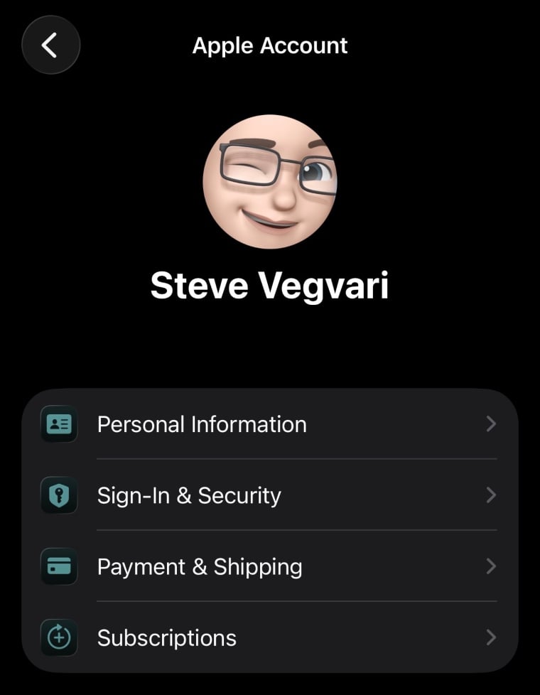 Screenshot of Apple Account menu