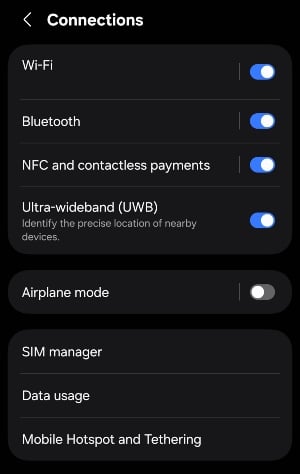 Android hotspot menu